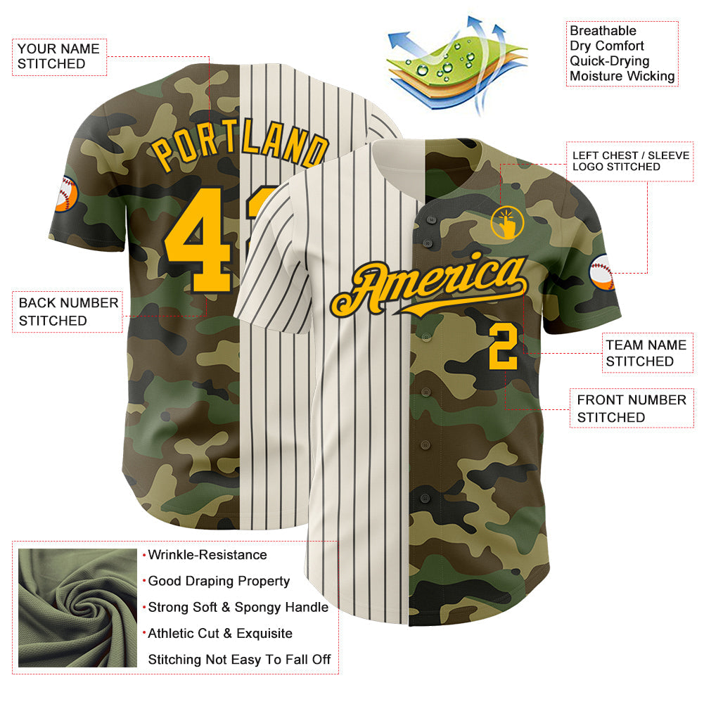 Custom Camo Gold Cream-Black Pinstripe Authentic Split Fashion Salute To Service Baseball Jersey view 3
