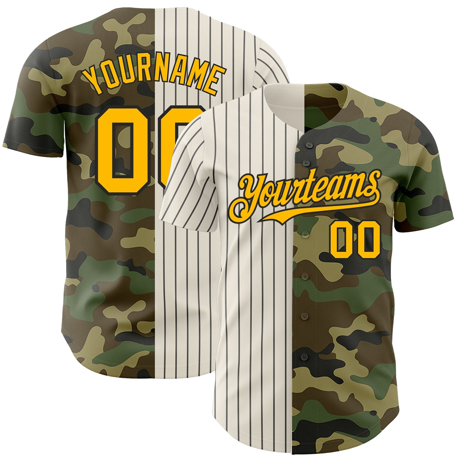 Custom Camo Gold Cream-Black Pinstripe Authentic Split Fashion Salute To Service Baseball Jersey - Main View