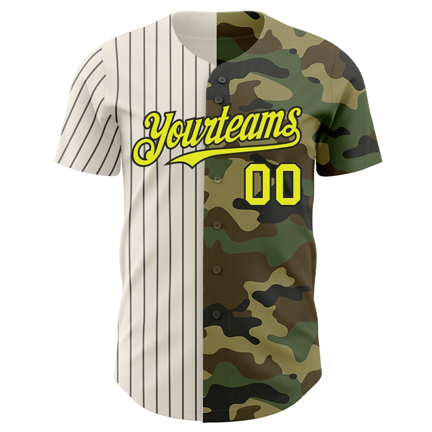 Custom Camo Neon Yellow Cream-Black Pinstripe Authentic Split Fashion Salute To Service Baseball Jersey view 2
