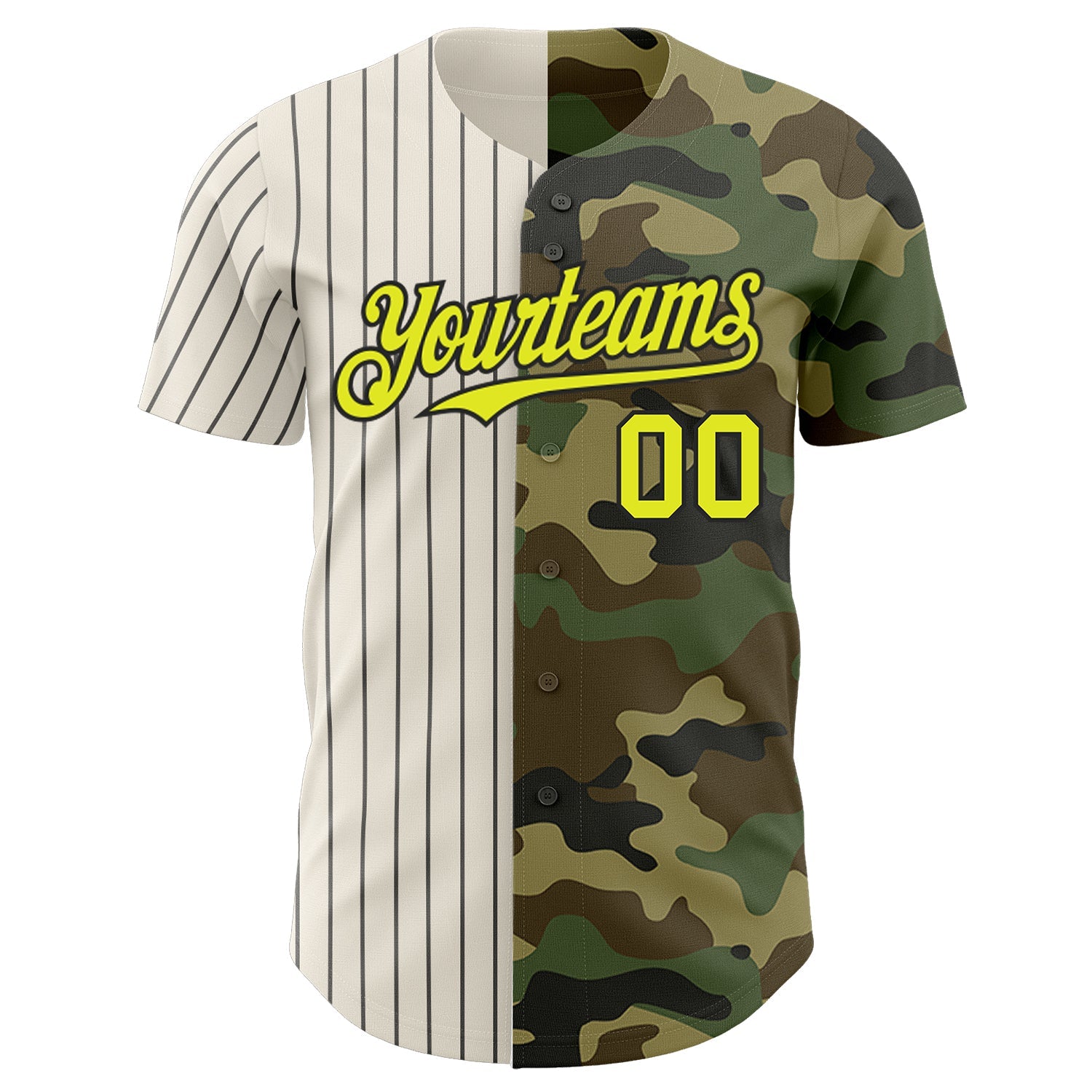 Custom Camo Neon Yellow Cream-Black Pinstripe Authentic Split Fashion Salute To Service Baseball Jersey view 2