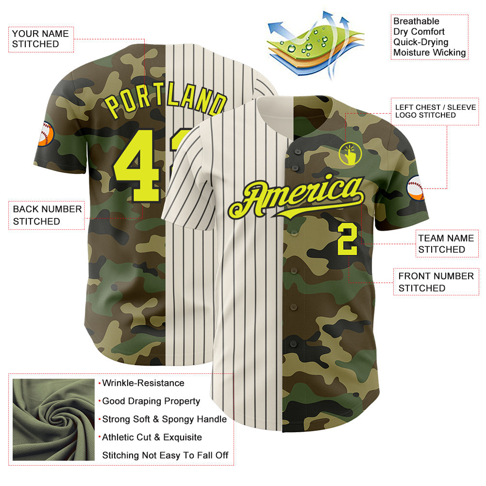 Custom Camo Neon Yellow Cream-Black Pinstripe Authentic Split Fashion Salute To Service Baseball Jersey view 3