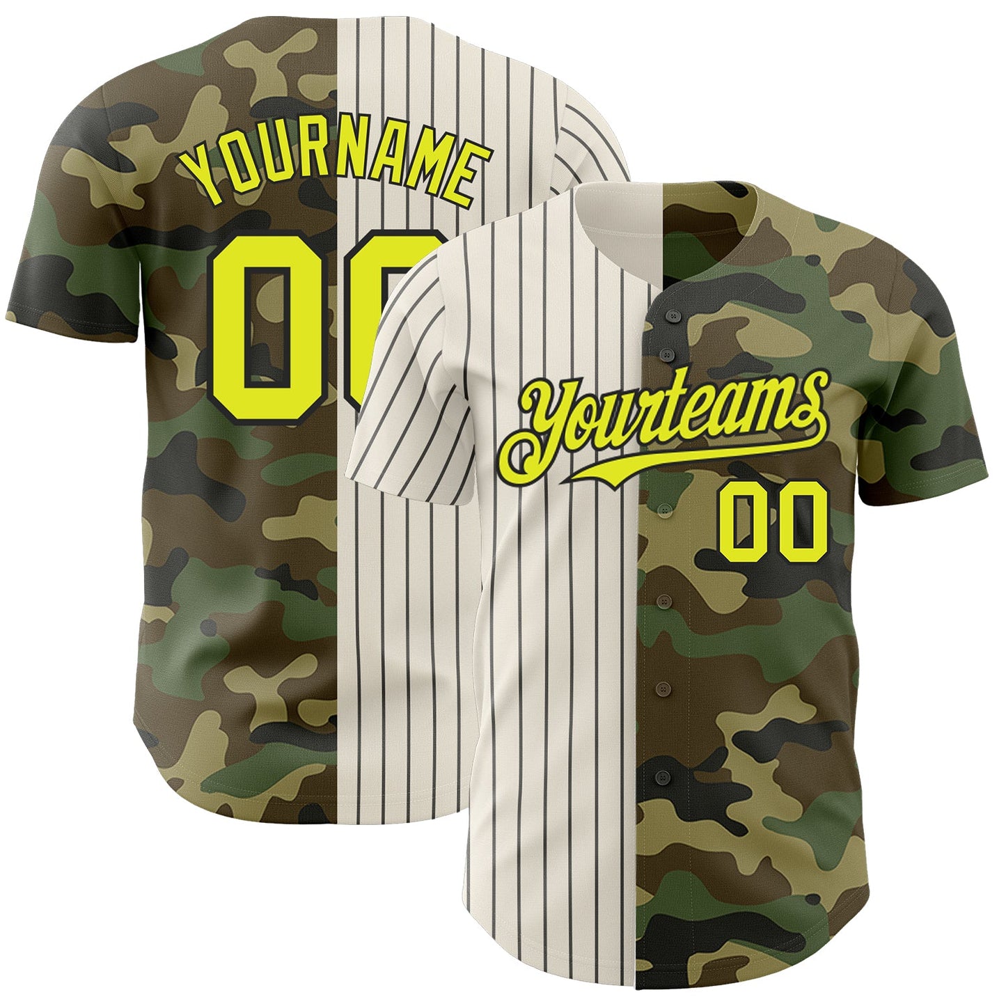 Custom Camo Neon Yellow Cream-Black Pinstripe Authentic Split Fashion Salute To Service Baseball Jersey - Main View