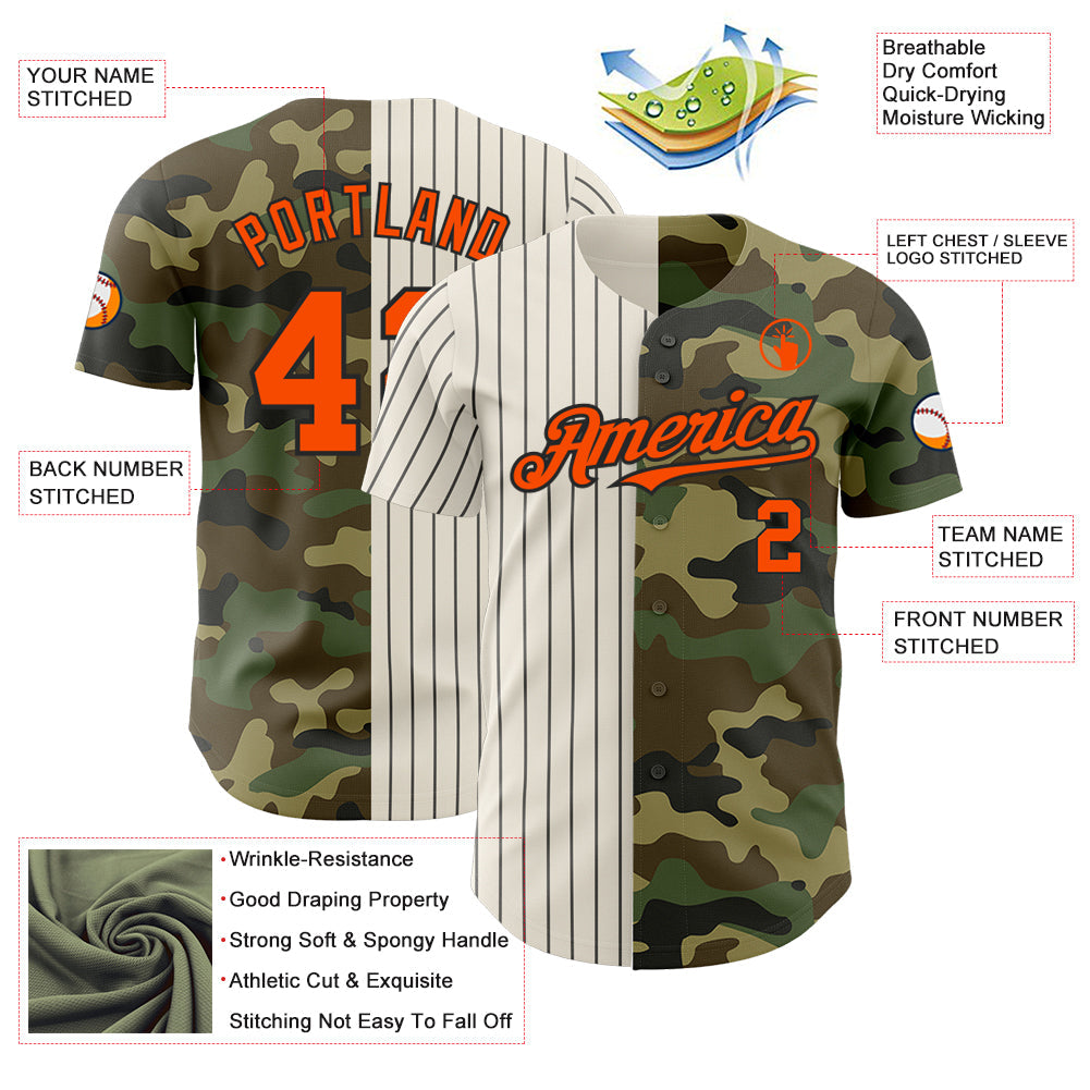 Custom Camo Orange Cream-Black Pinstripe Authentic Split Fashion Salute To Service Baseball Jersey view 3