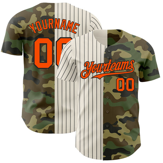 Custom Camo Orange Cream-Black Pinstripe Authentic Split Fashion Salute To Service Baseball Jersey - Main View