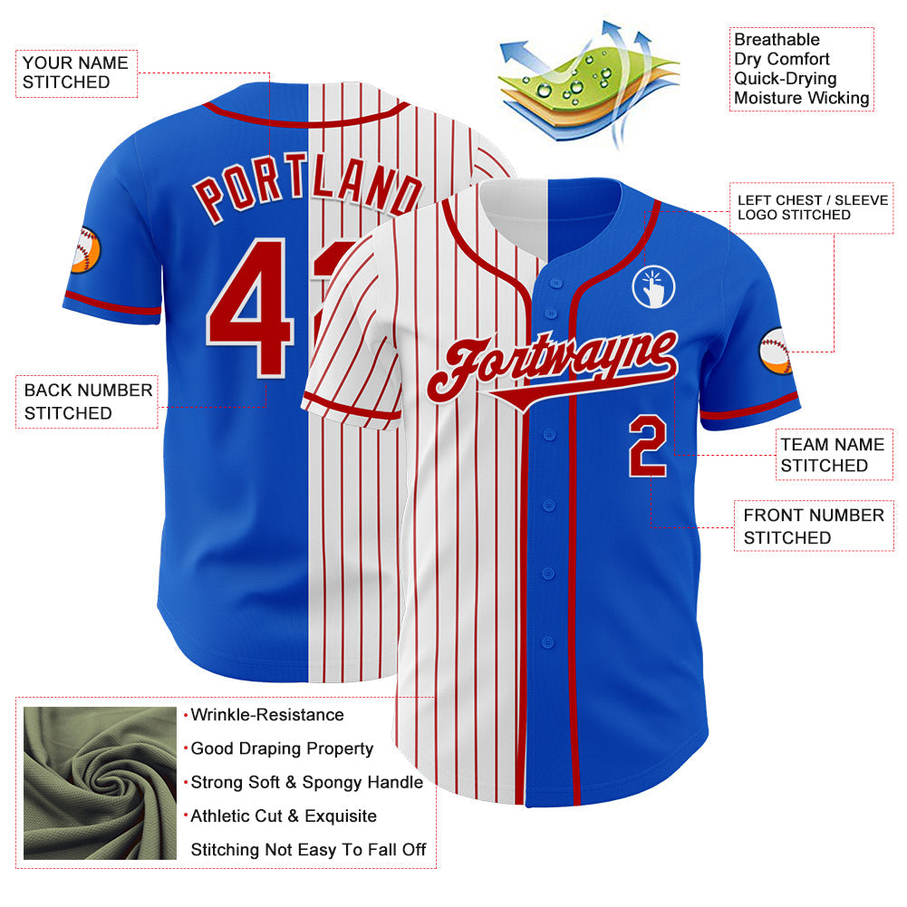 Custom Thunder Blue Red-White Red Pinstripe Authentic Split Fashion Baseball Jersey view 3