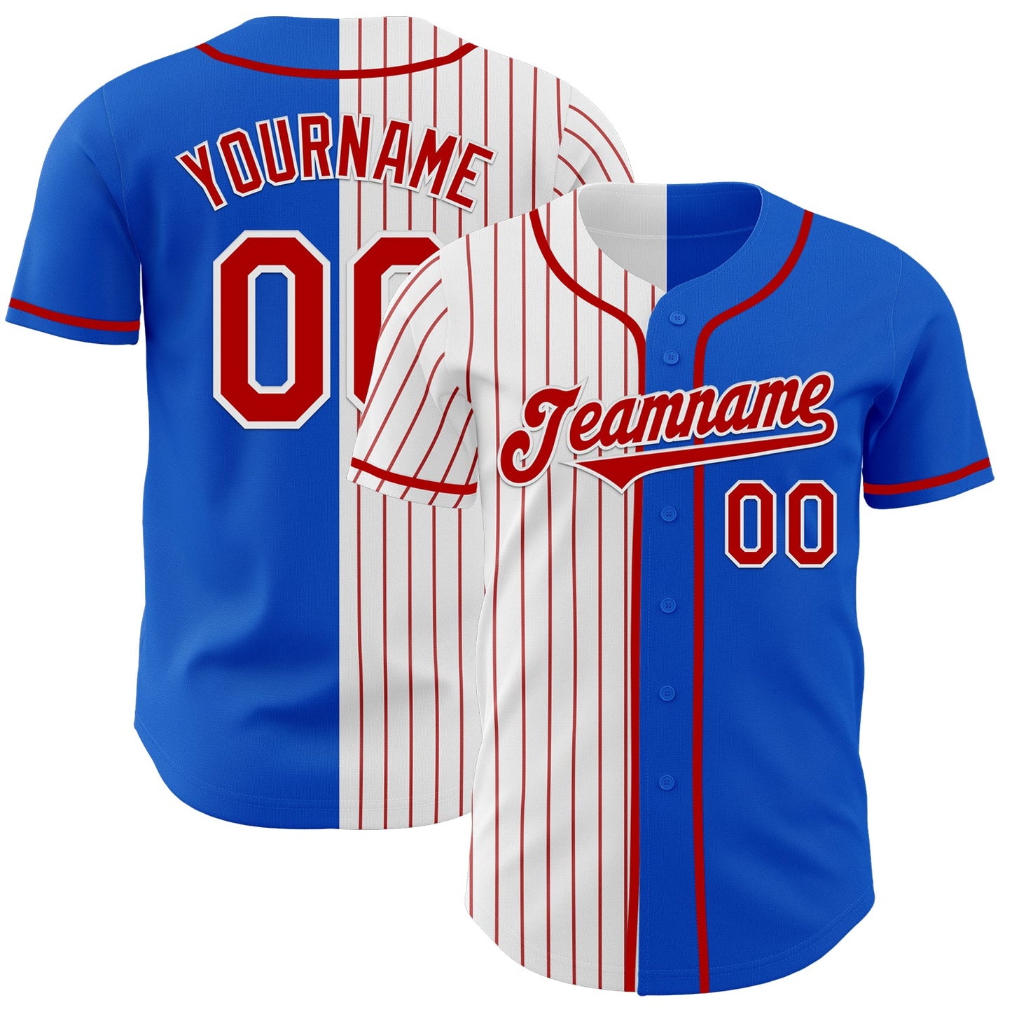 Custom Thunder Blue Red-White Red Pinstripe Authentic Split Fashion Baseball Jersey - Main View