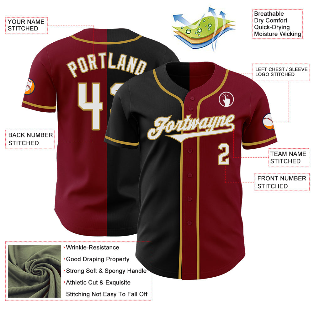 Custom Crimson Black-Old Gold Authentic Split Fashion Baseball Jersey view 3