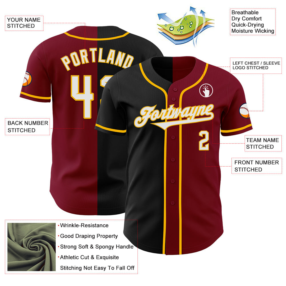 Custom Crimson Black-Gold Authentic Split Fashion Baseball Jersey view 3