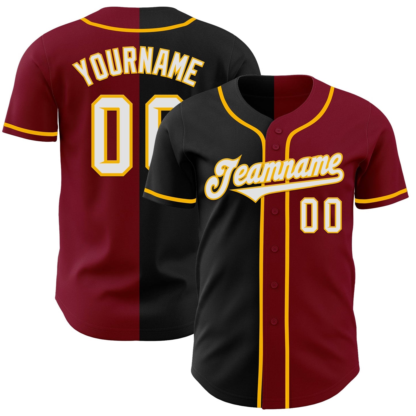 Custom Crimson Black-Gold Authentic Split Fashion Baseball Jersey - Main View