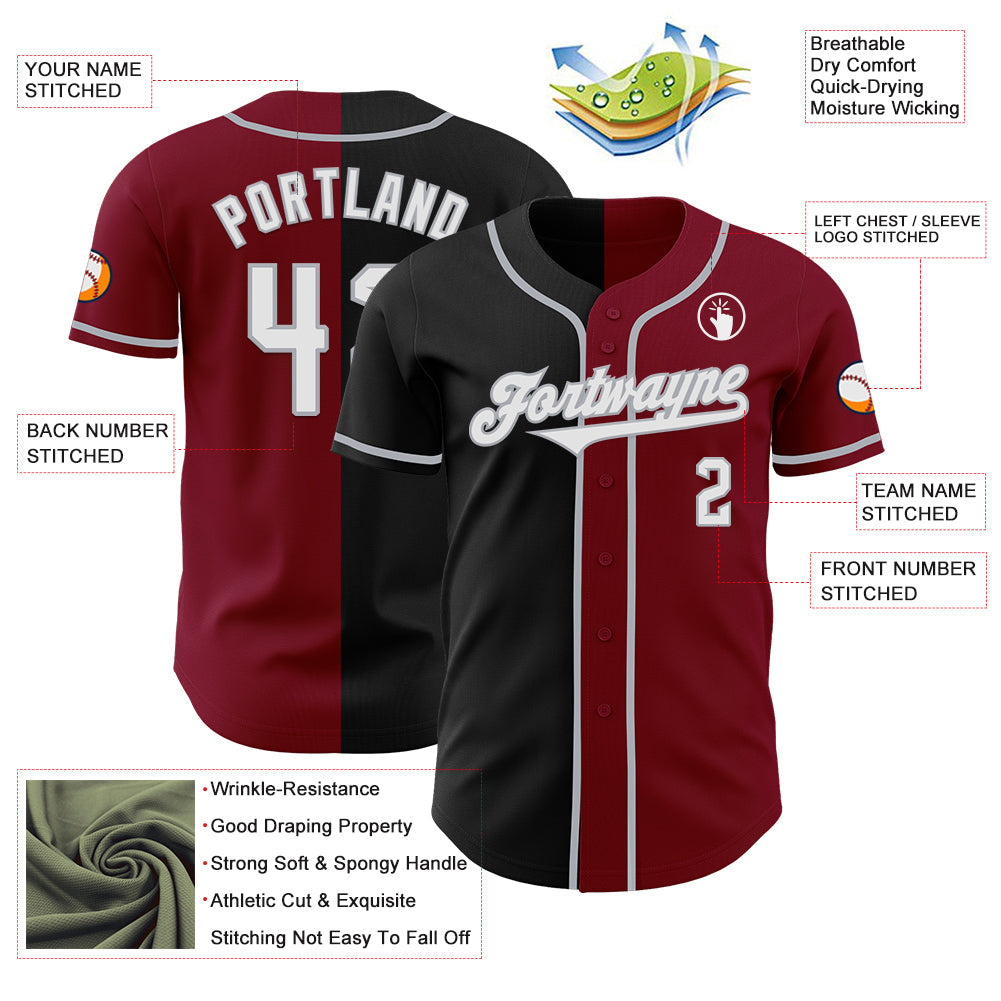 Custom Crimson Black-Gray Authentic Split Fashion Baseball Jersey view 3