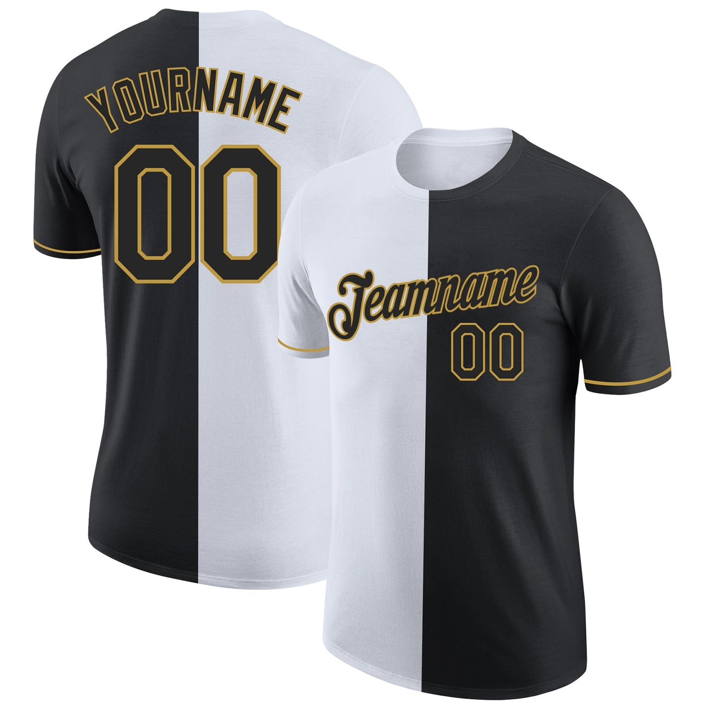 Custom Black White-Old Gold Split Fashion Performance T-Shirt - Main View