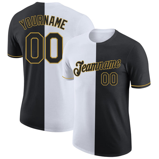 Custom Black White-Old Gold Split Fashion Performance T-Shirt - Main View