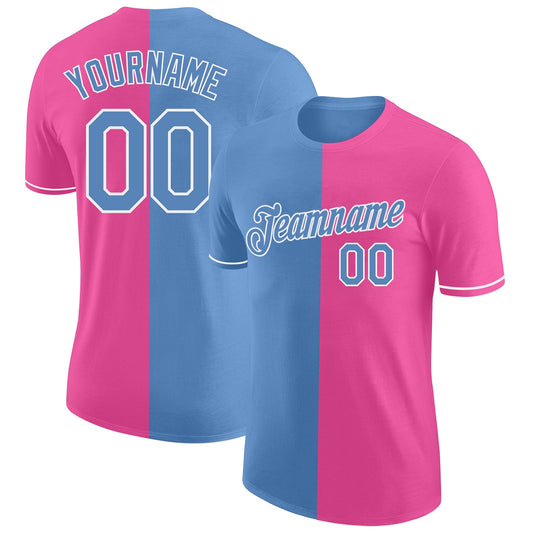 Custom Pink Light Blue-White Split Fashion Performance T-Shirt - Main View