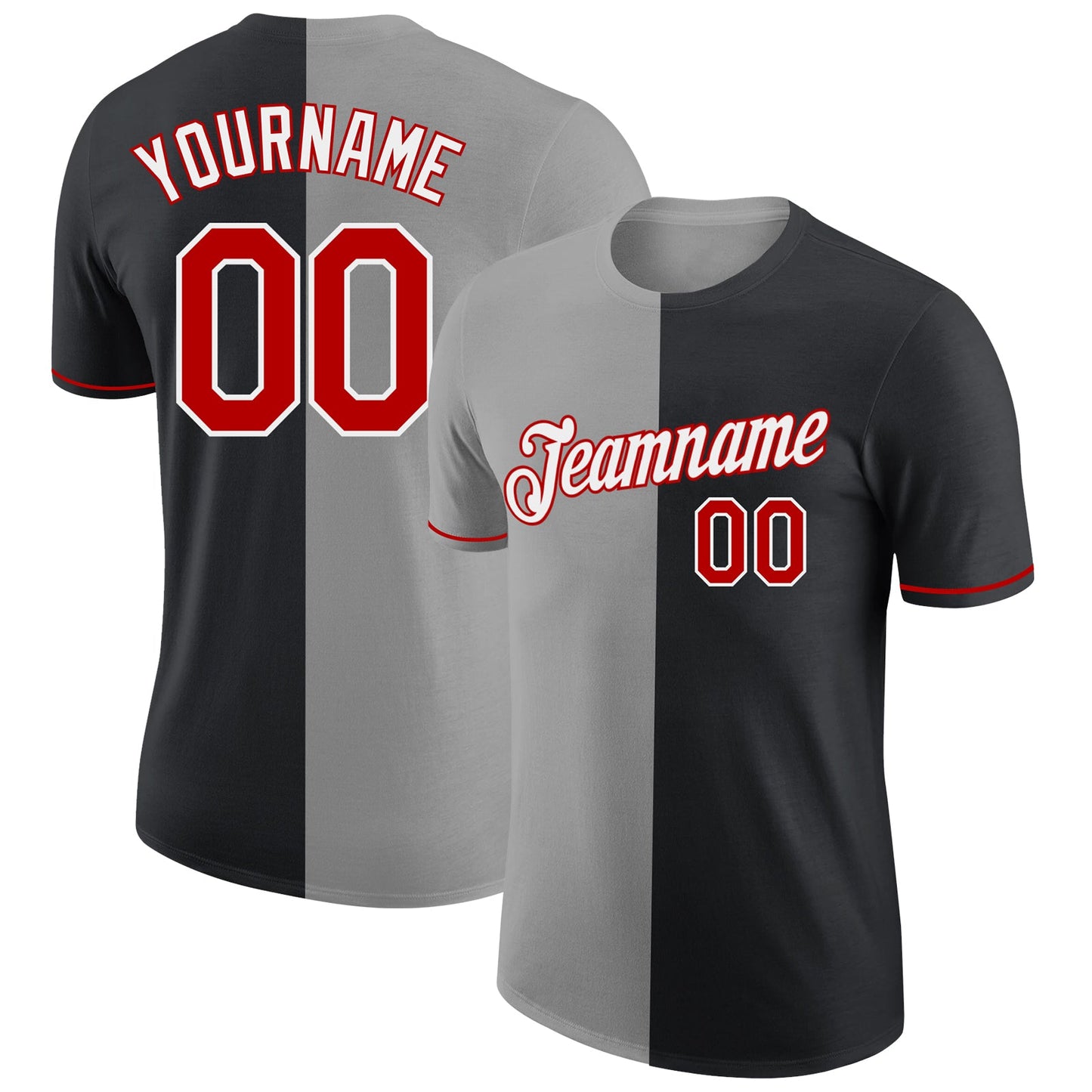 Custom Black Red-Gray Split Fashion Performance T-Shirt - Main View