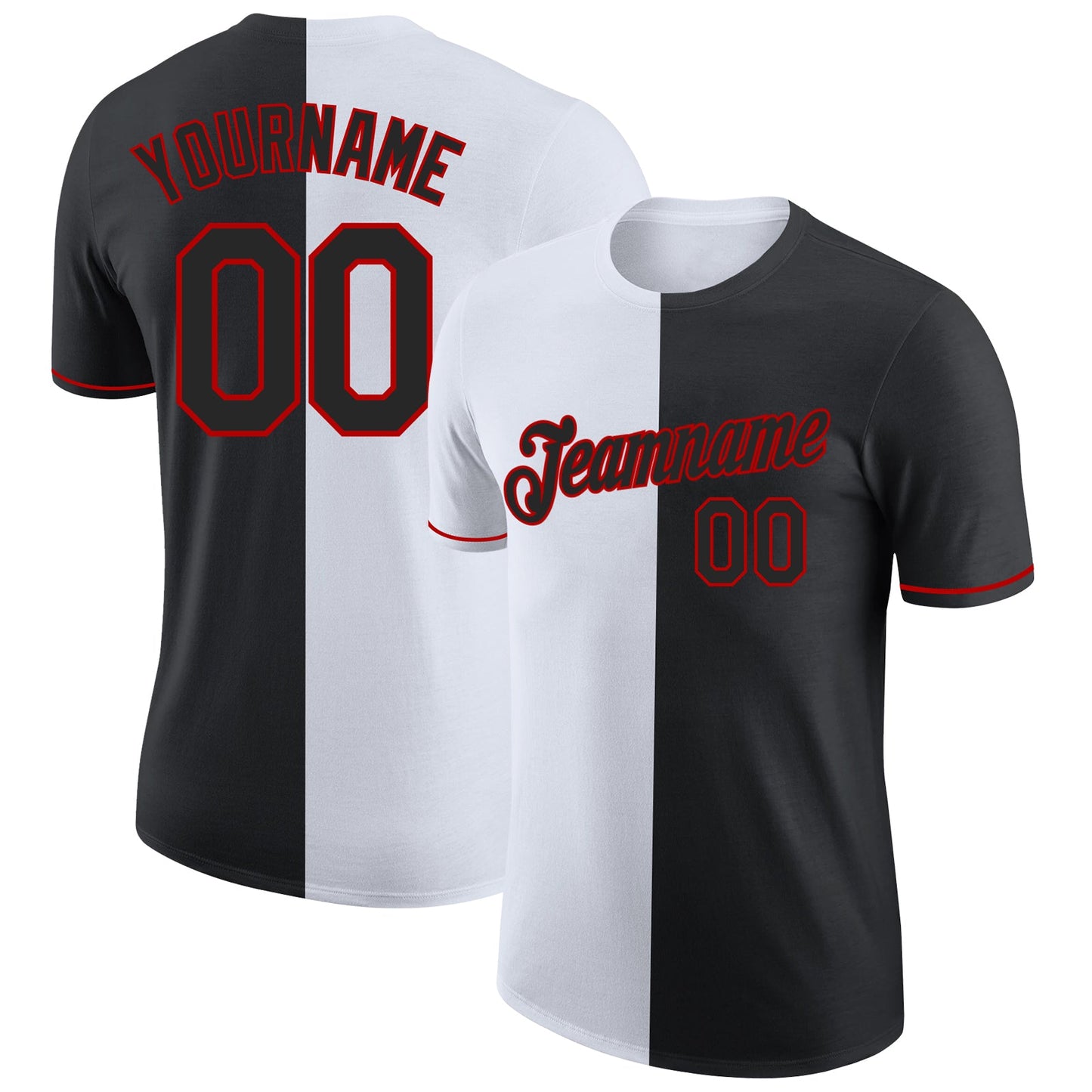 Custom Black White-Red Split Fashion Performance T-Shirt - Main View