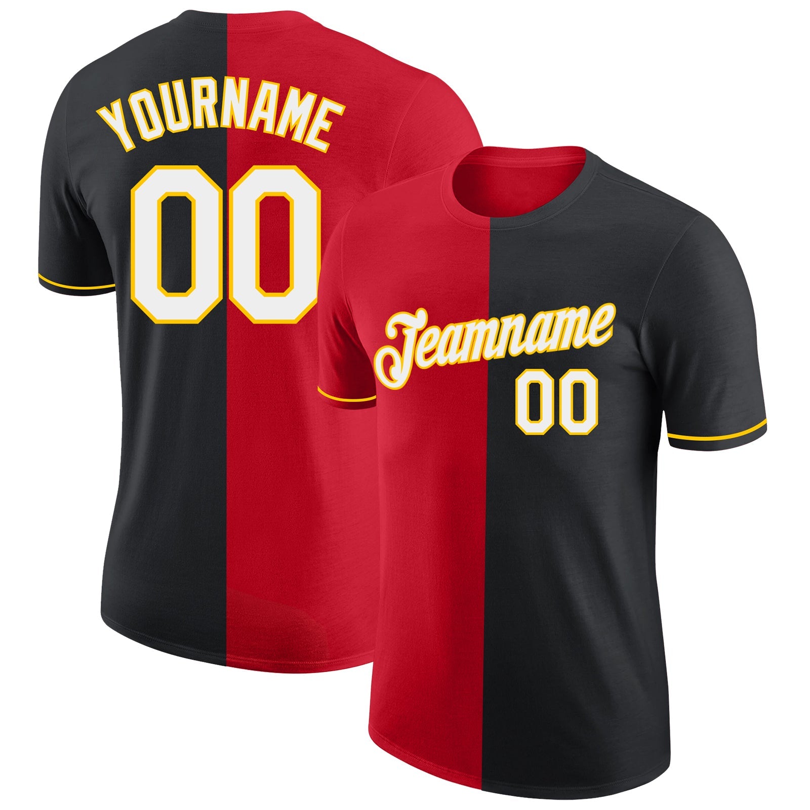 Custom Black Red-Yellow Split Fashion Performance T-Shirt - Main View