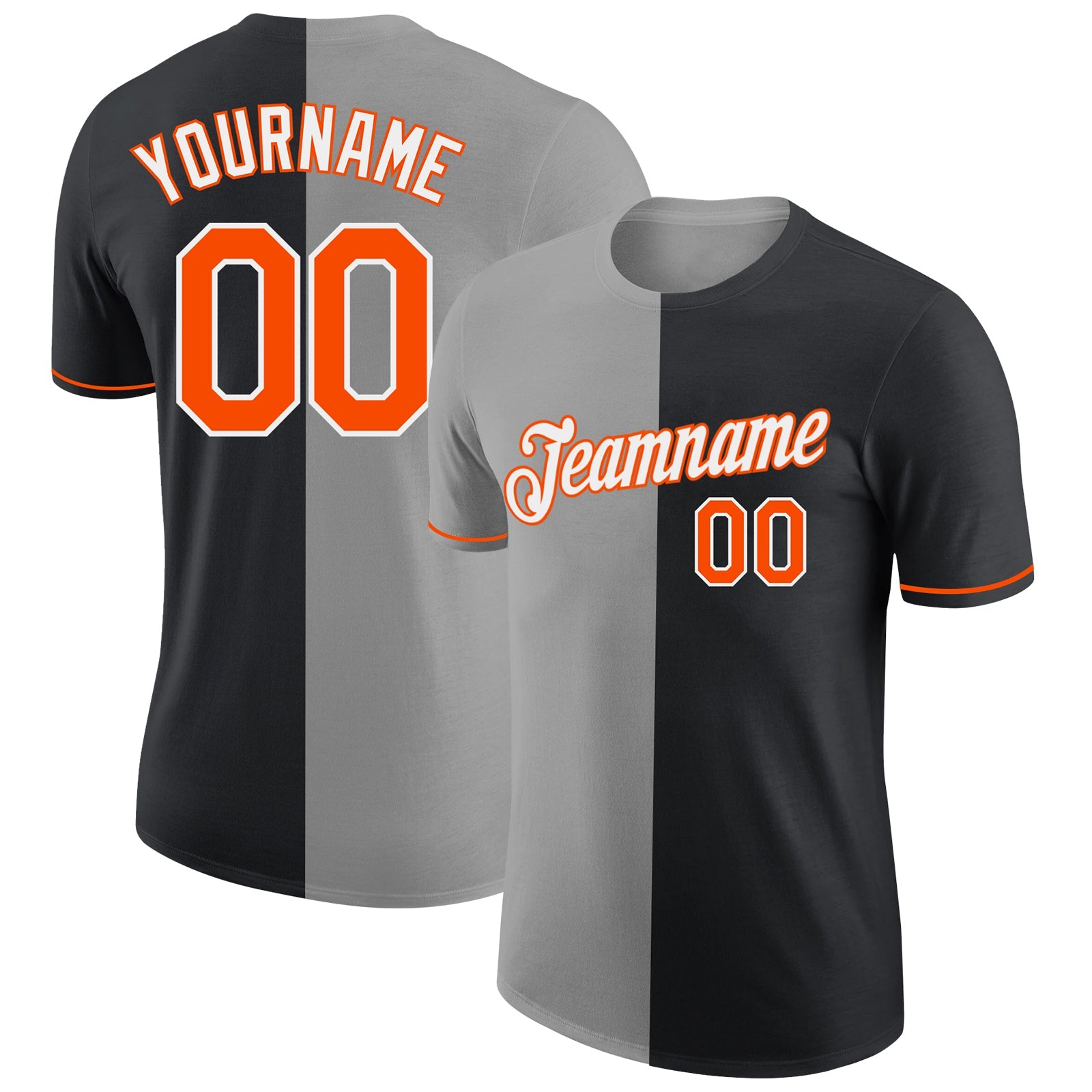 Custom Black Orange-Gray Split Fashion Performance T-Shirt - Main View