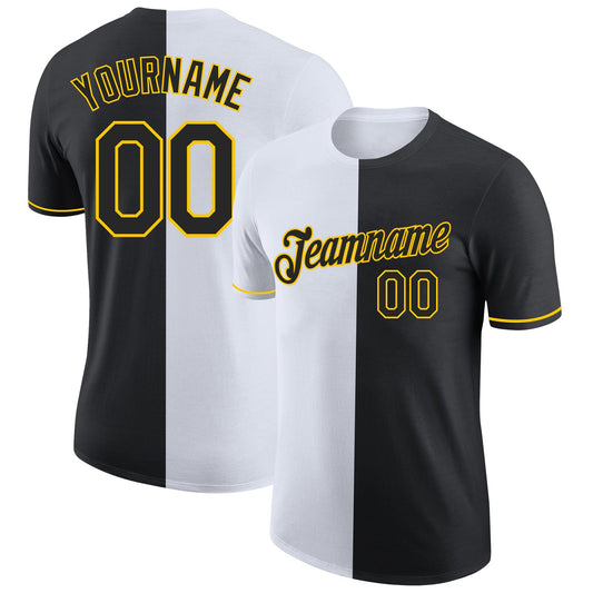 Custom Black White-Yellow Split Fashion Performance T-Shirt - Main View