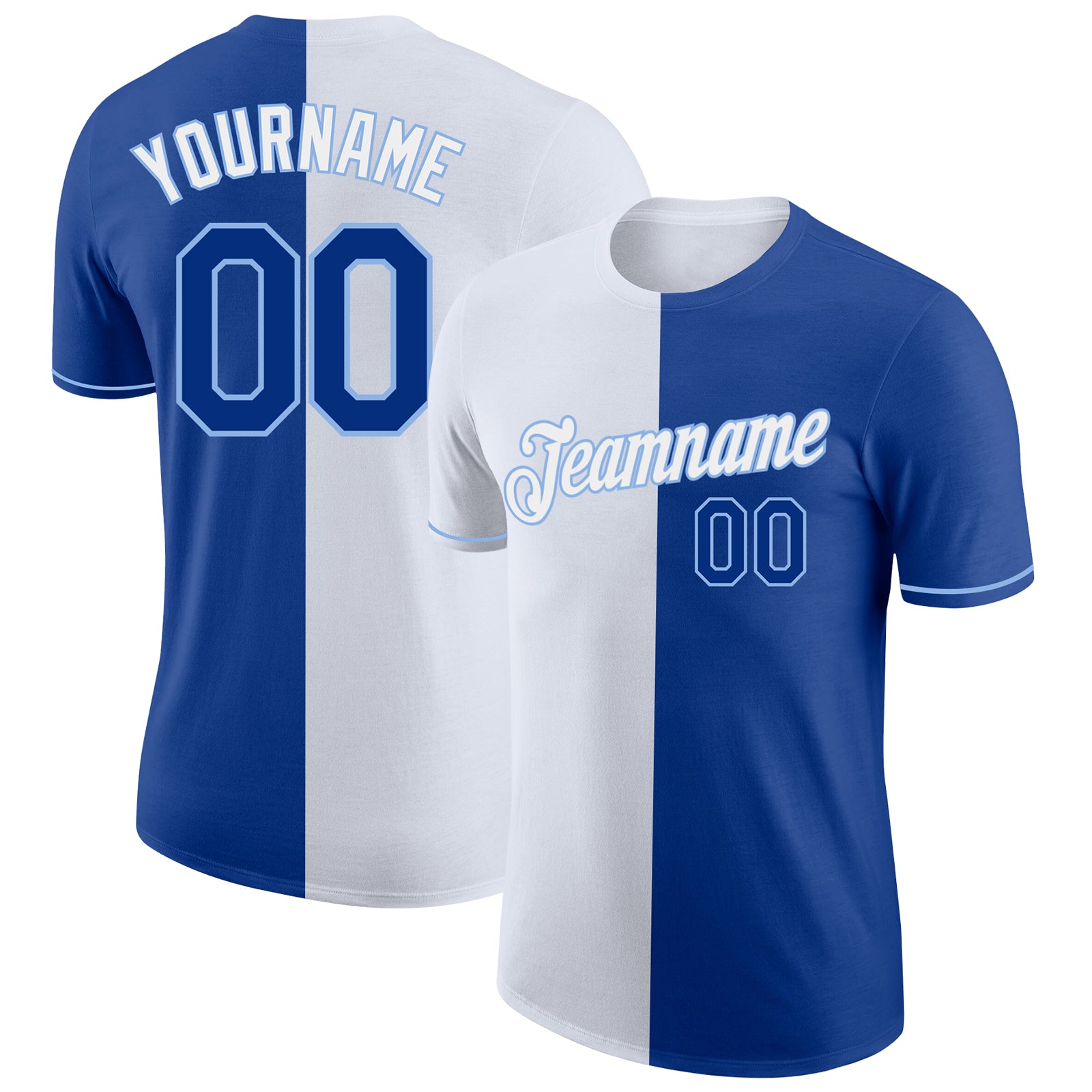 Custom Royal White-Light Blue Split Fashion Performance T-Shirt - Main View