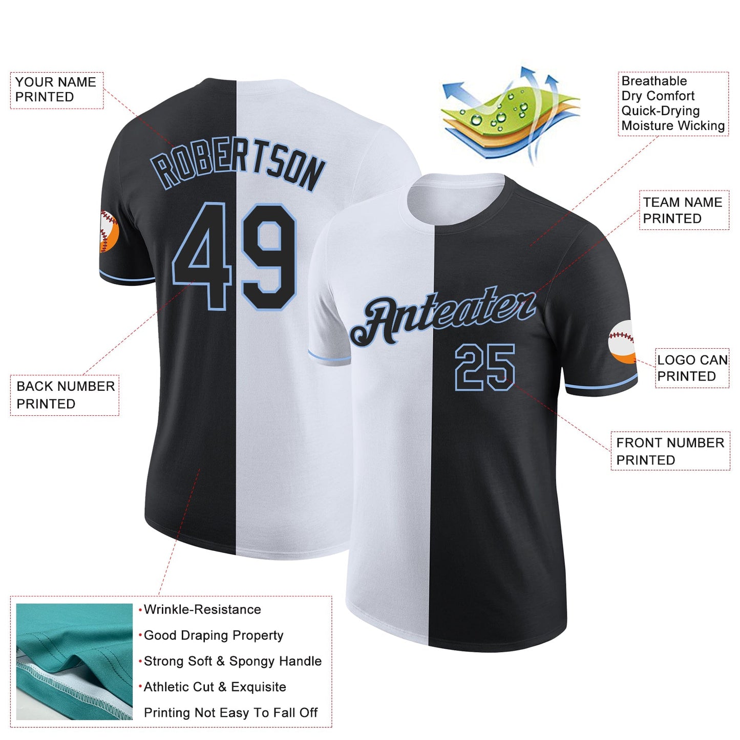 Custom Black White-Light Blue Split Fashion Performance T-Shirt view 2
