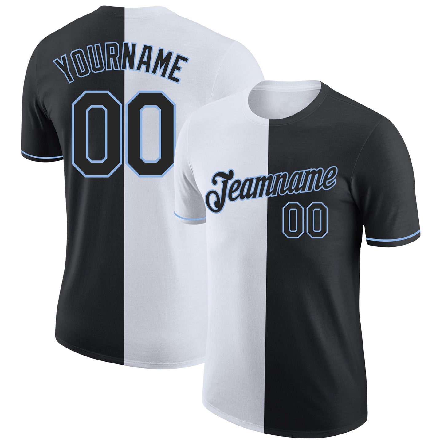 Custom Black White-Light Blue Split Fashion Performance T-Shirt - Main View