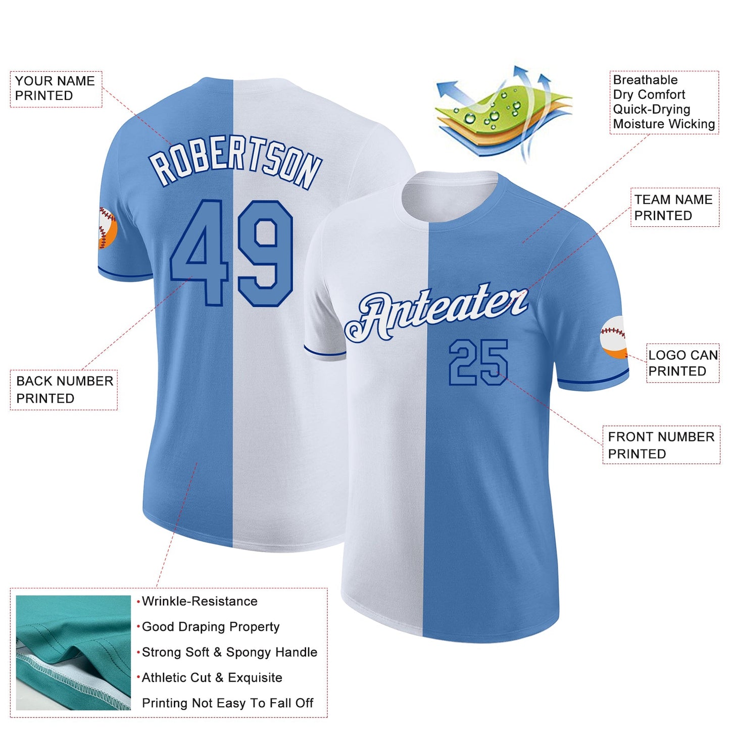 Custom Light Blue White-Royal Split Fashion Performance T-Shirt view 2