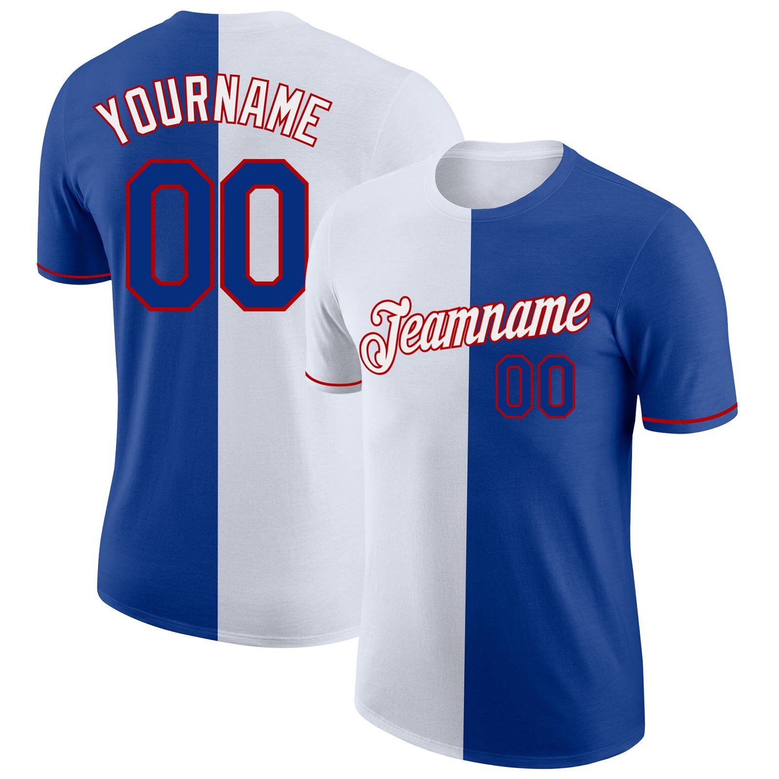 Custom Royal White-Red Split Fashion Performance T-Shirt - Main View