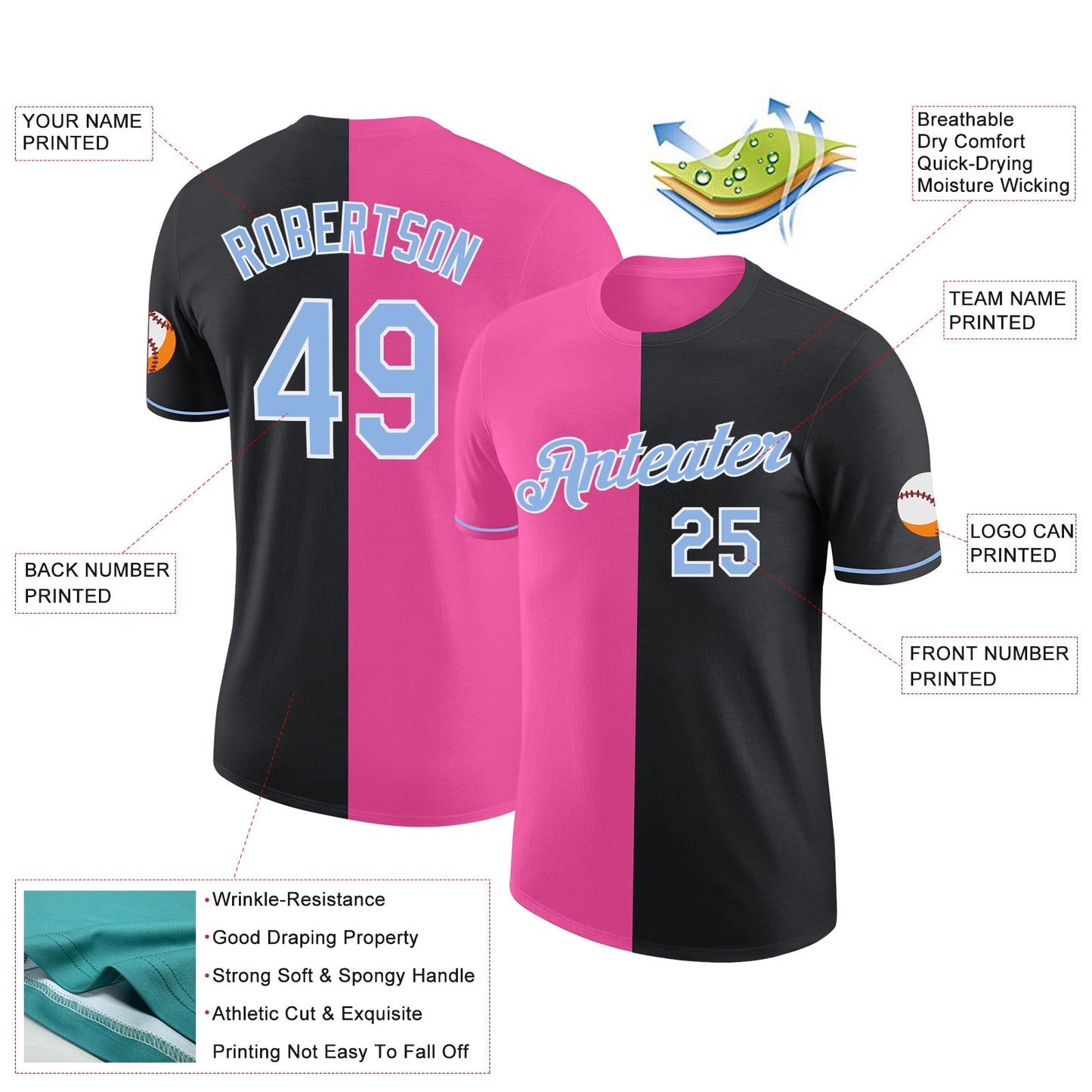 Custom Black Light Blue-Pink Split Fashion Performance T-Shirt view 2