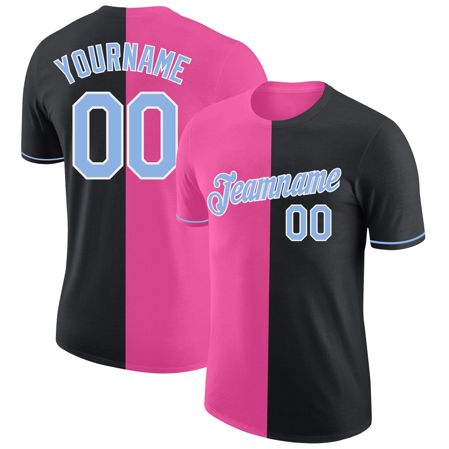 Custom Black Light Blue-Pink Split Fashion Performance T-Shirt - Main View