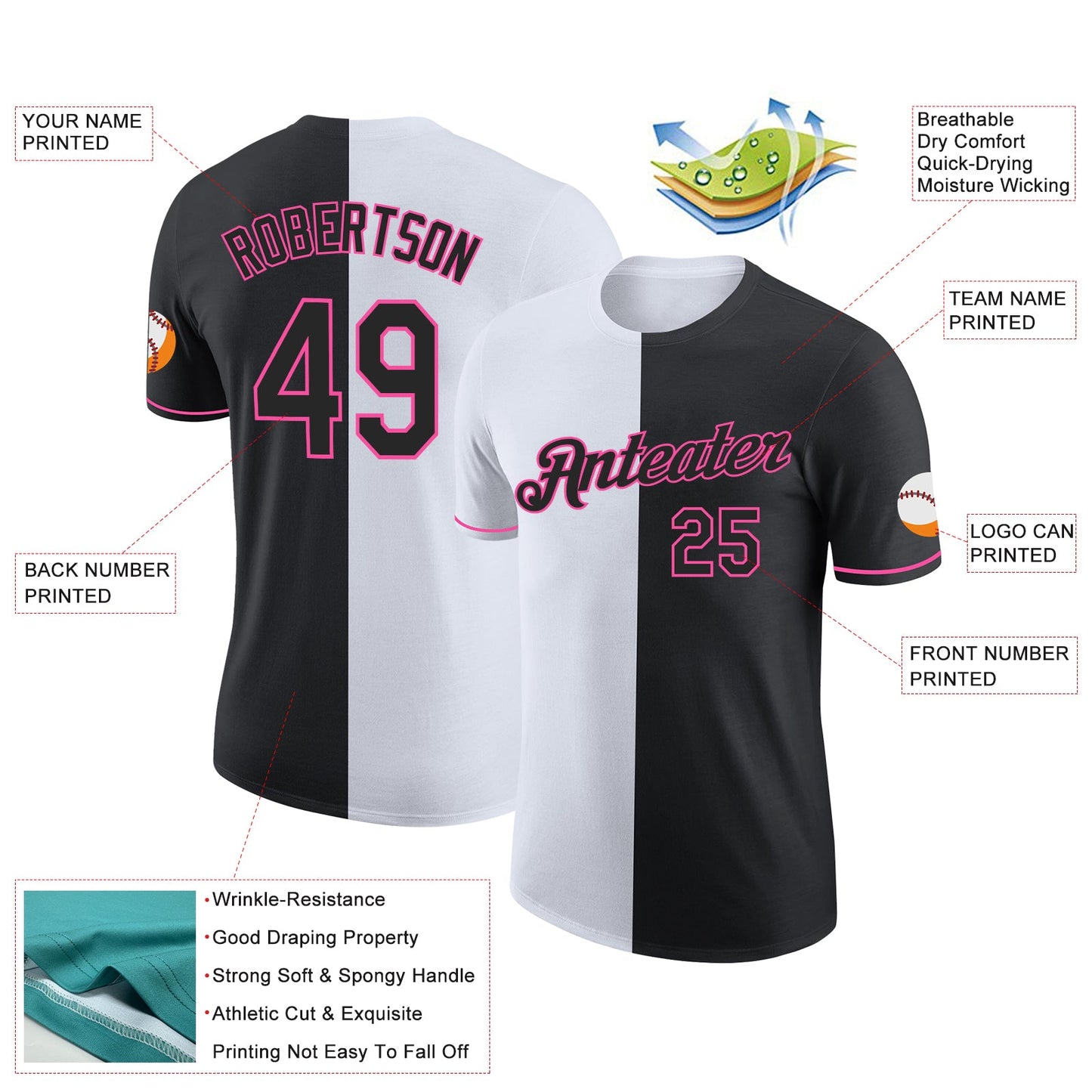 Custom Black White-Pink Split Fashion Performance T-Shirt view 2