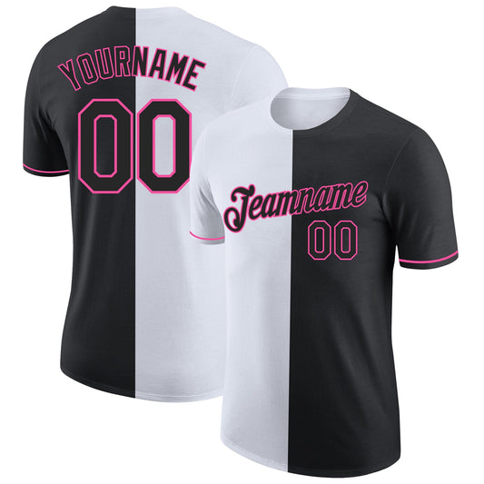 Custom Black White-Pink Split Fashion Performance T-Shirt - Main View