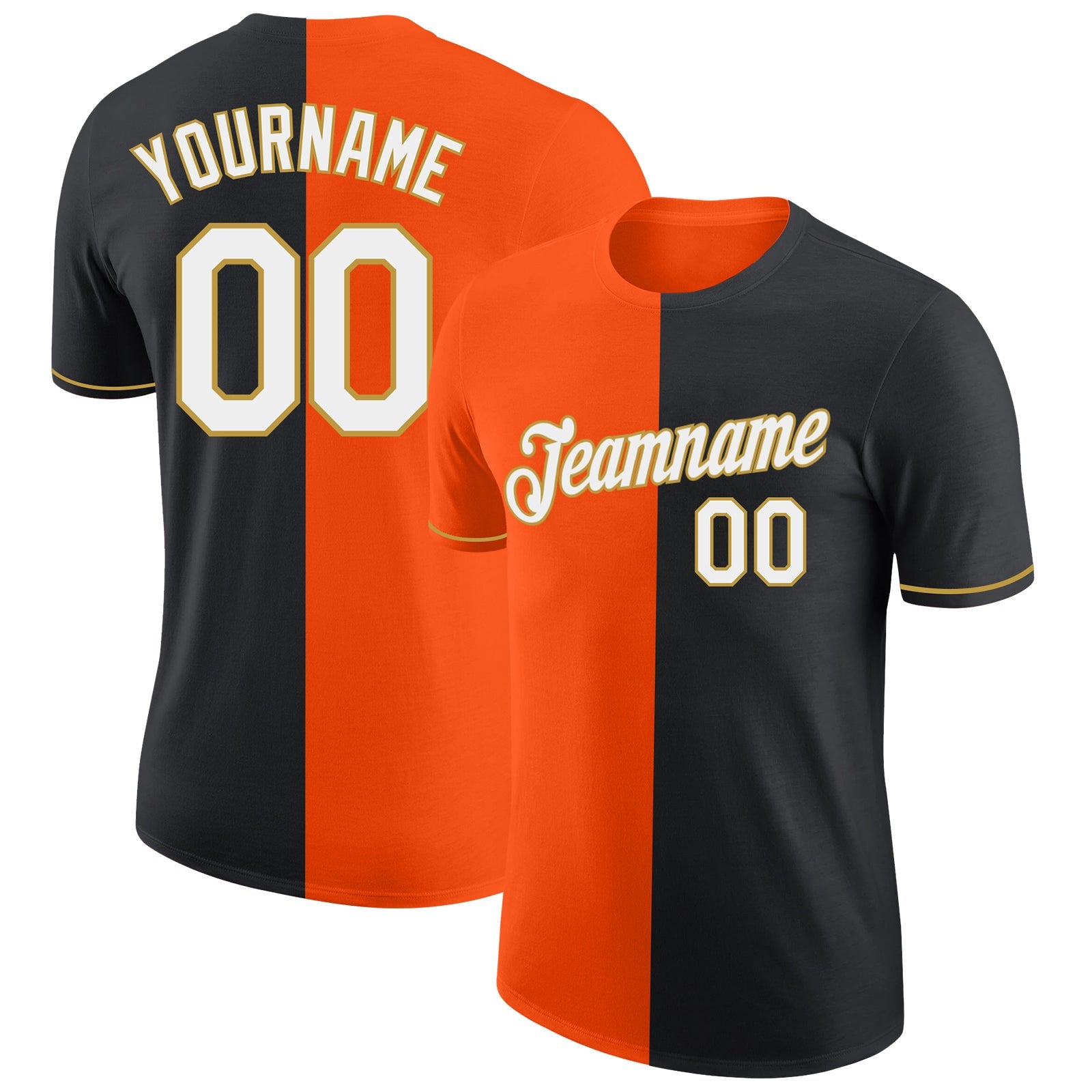 Custom Black Orange-Old Gold Split Fashion Performance T-Shirt - Main View