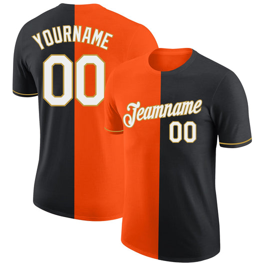 Custom Black Orange-Old Gold Split Fashion Performance T-Shirt - Main View