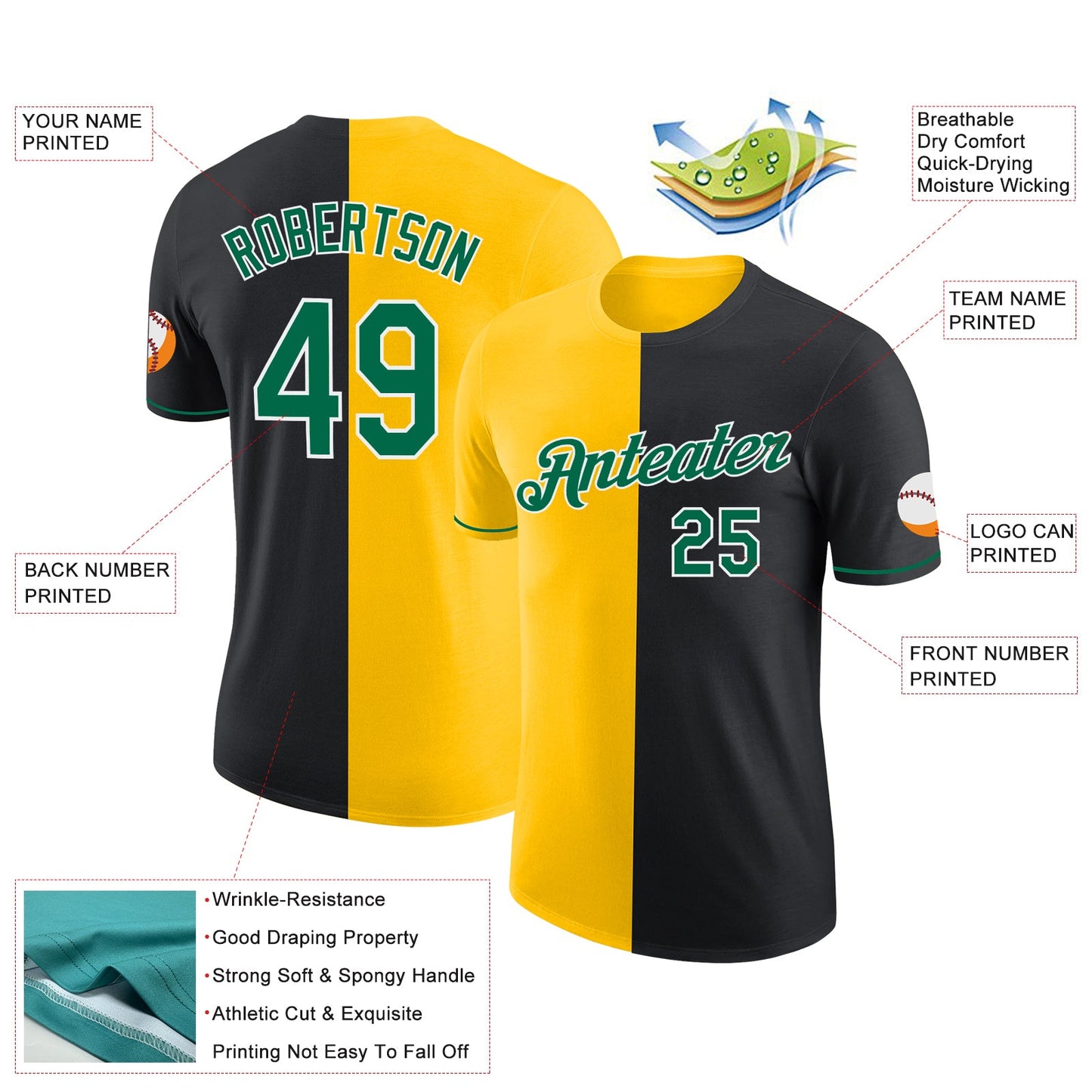 Custom Black Kelly Green-Yellow Split Fashion Performance T-Shirt view 2
