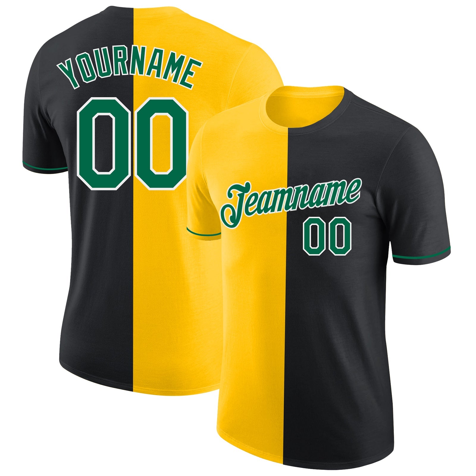 Custom Black Kelly Green-Yellow Split Fashion Performance T-Shirt - Main View