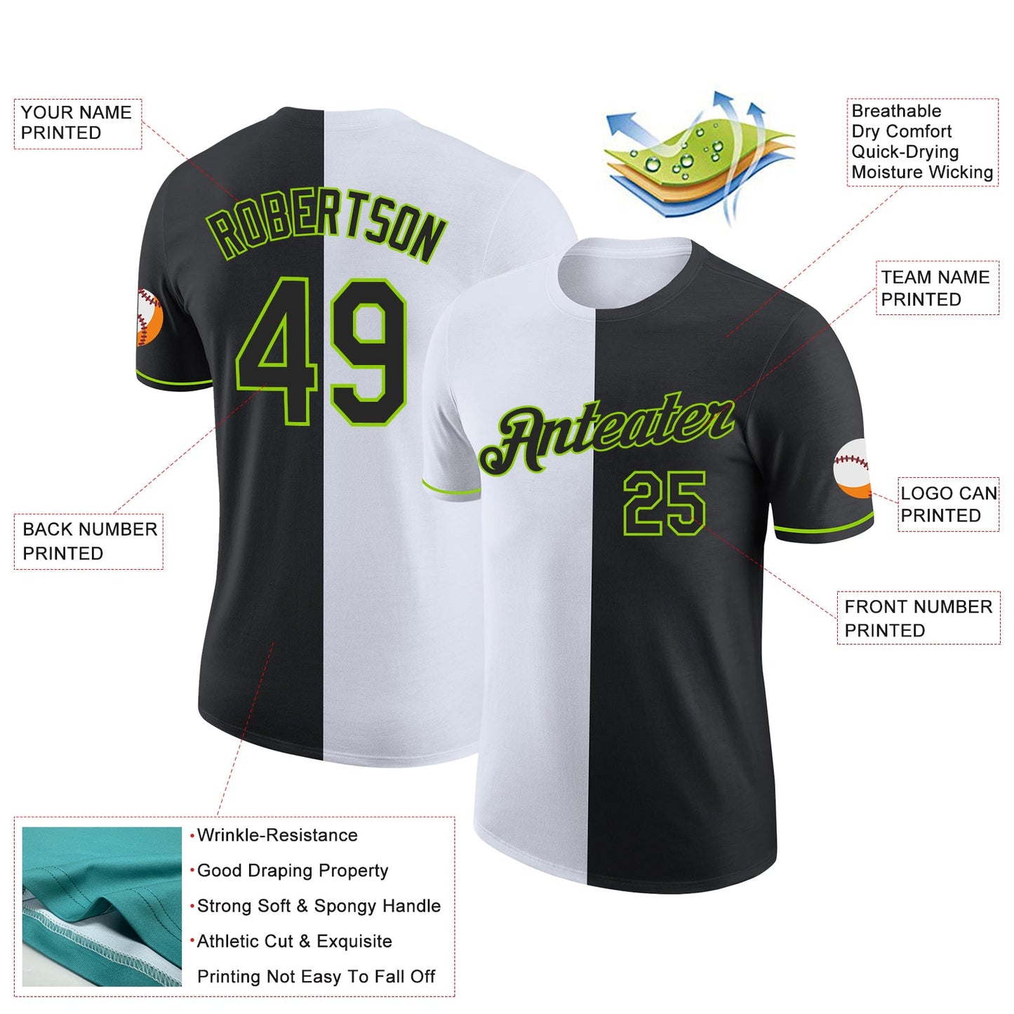 Custom Black White-Neon Green Split Fashion Performance T-Shirt view 2