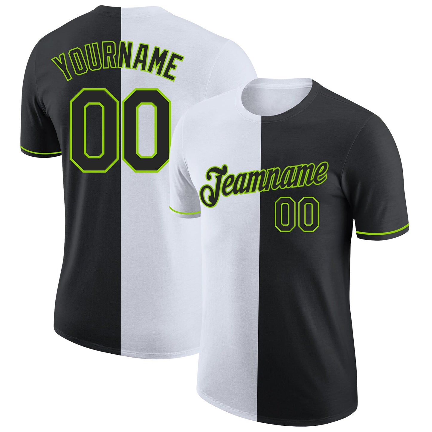Custom Black White-Neon Green Split Fashion Performance T-Shirt - Main View