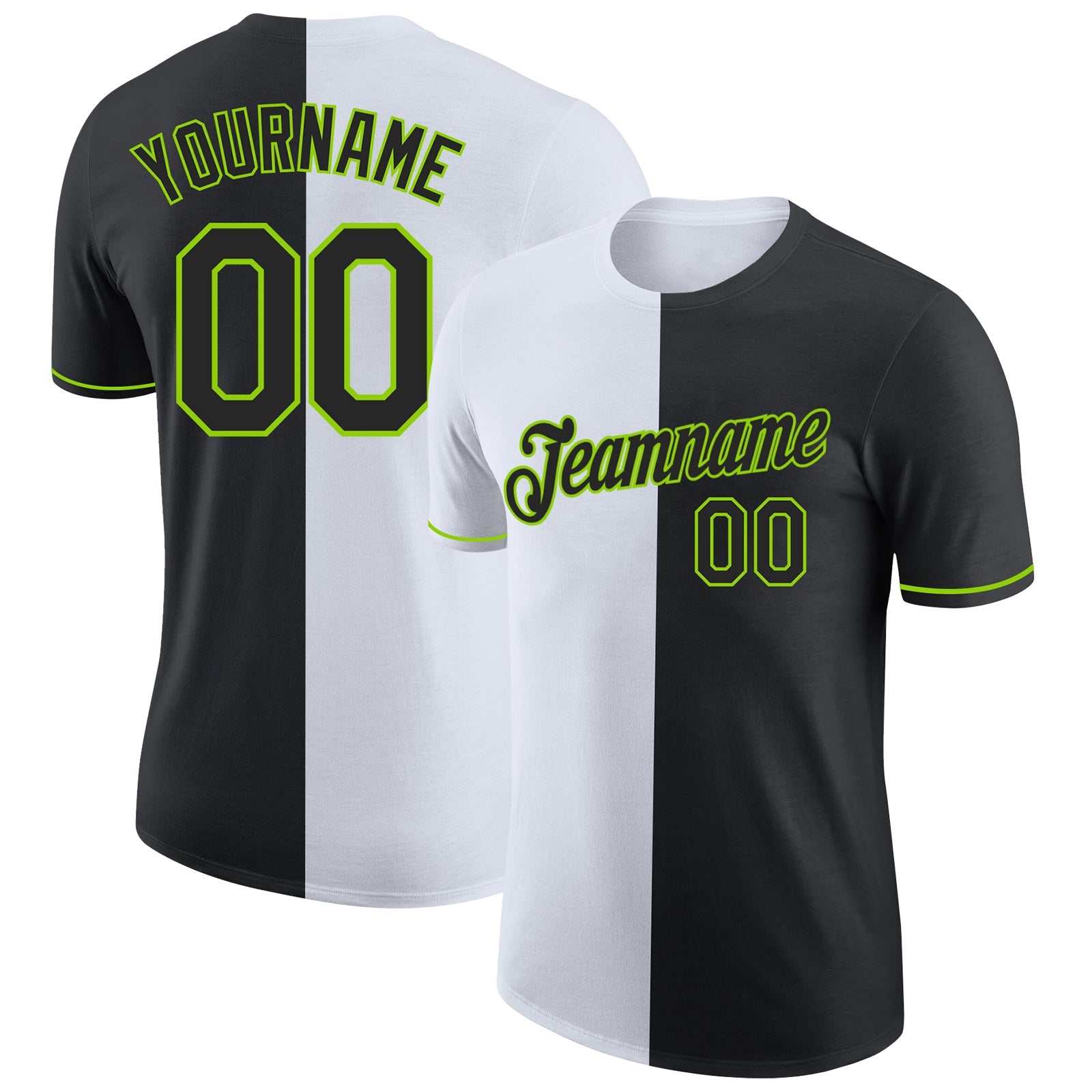 Custom Black White-Neon Green Split Fashion Performance T-Shirt - Main View