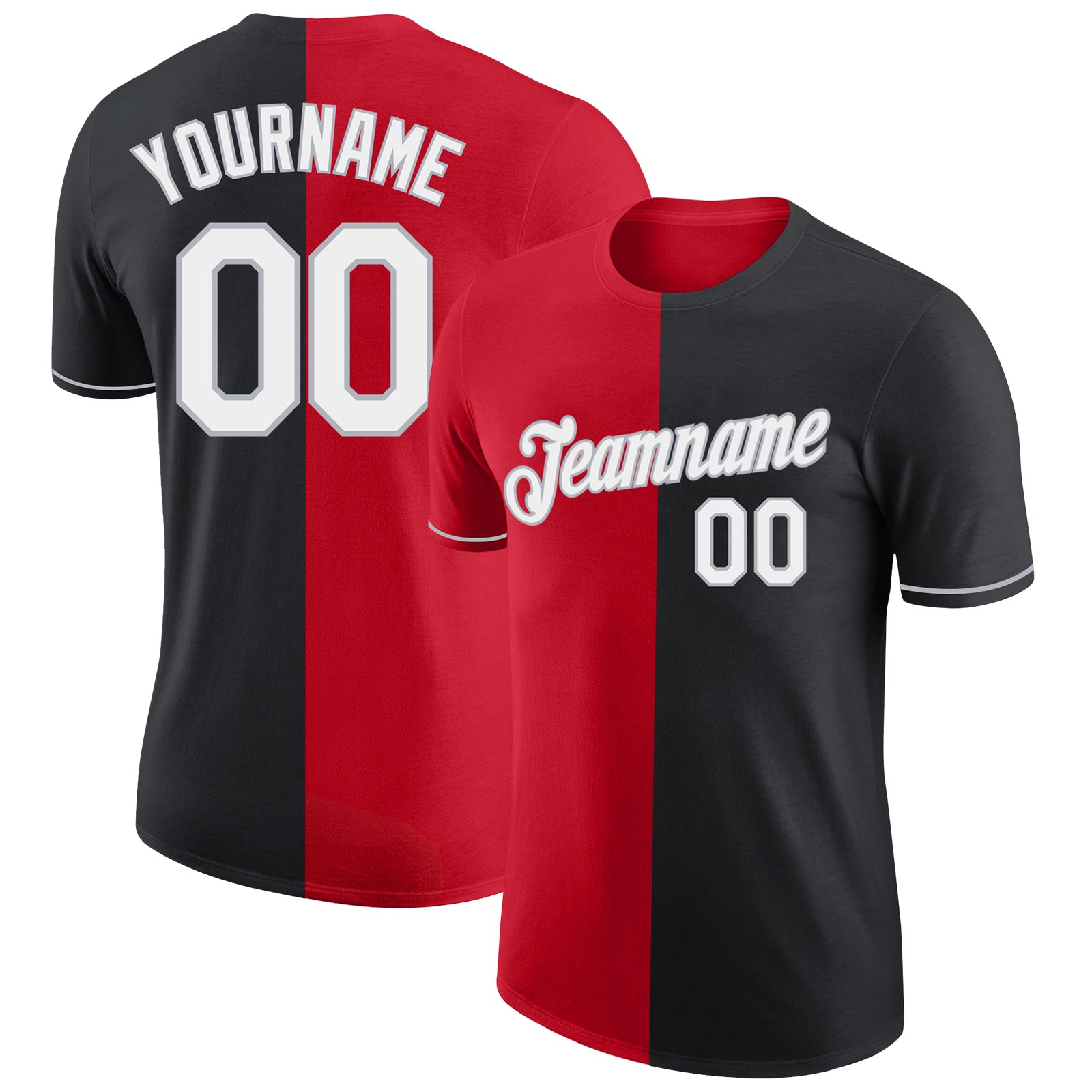 Custom Black Red-Gray Split Fashion Performance T-Shirt - Main View