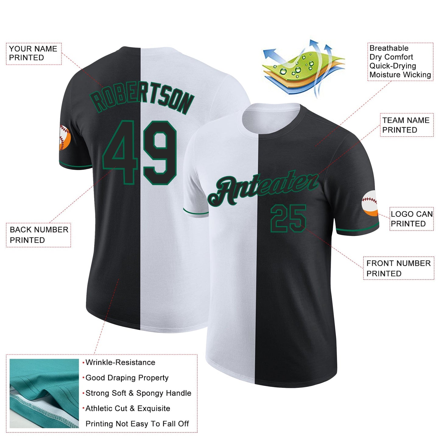 Custom Black White-Kelly Green Split Fashion Performance T-Shirt view 2