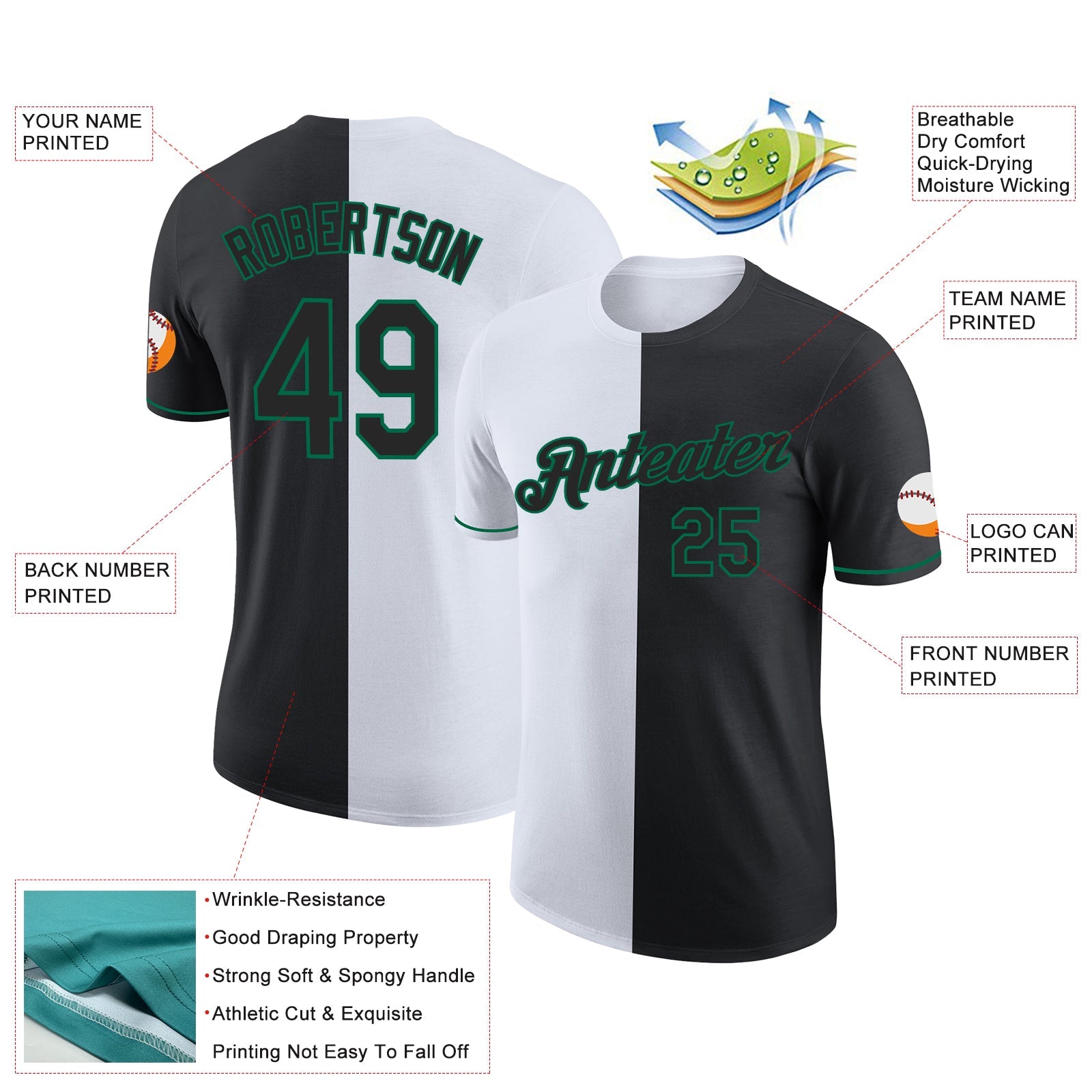 Custom Black White-Kelly Green Split Fashion Performance T-Shirt view 2
