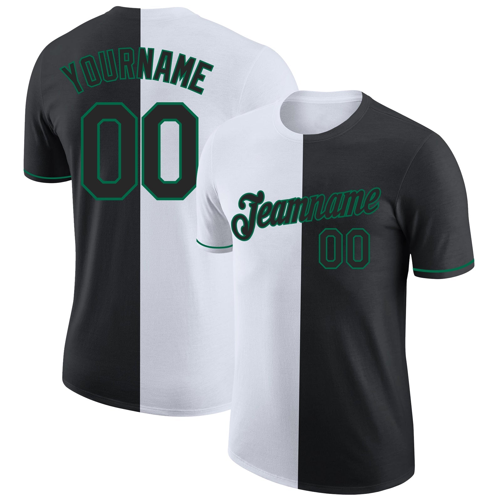 Custom Black White-Kelly Green Split Fashion Performance T-Shirt - Main View