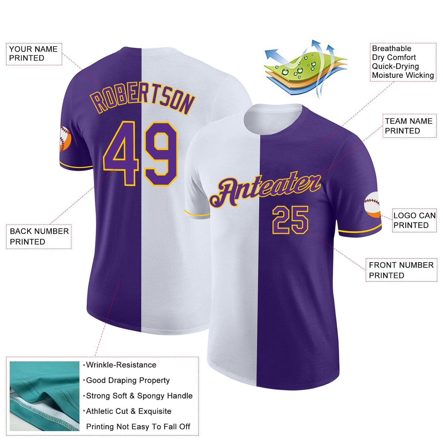 Custom Purple White-Yellow Split Fashion Performance T-Shirt view 2