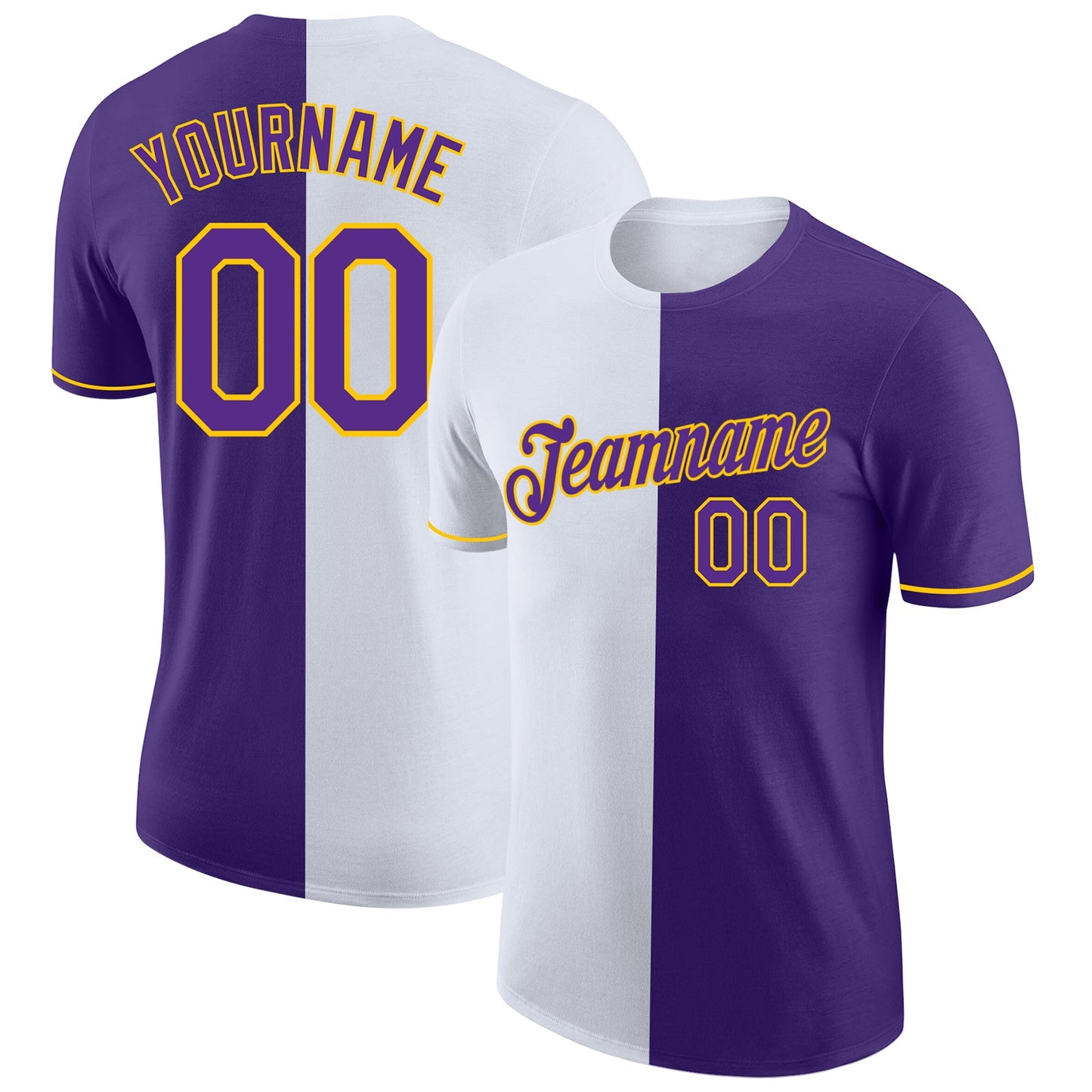 Custom Purple White-Yellow Split Fashion Performance T-Shirt - Main View