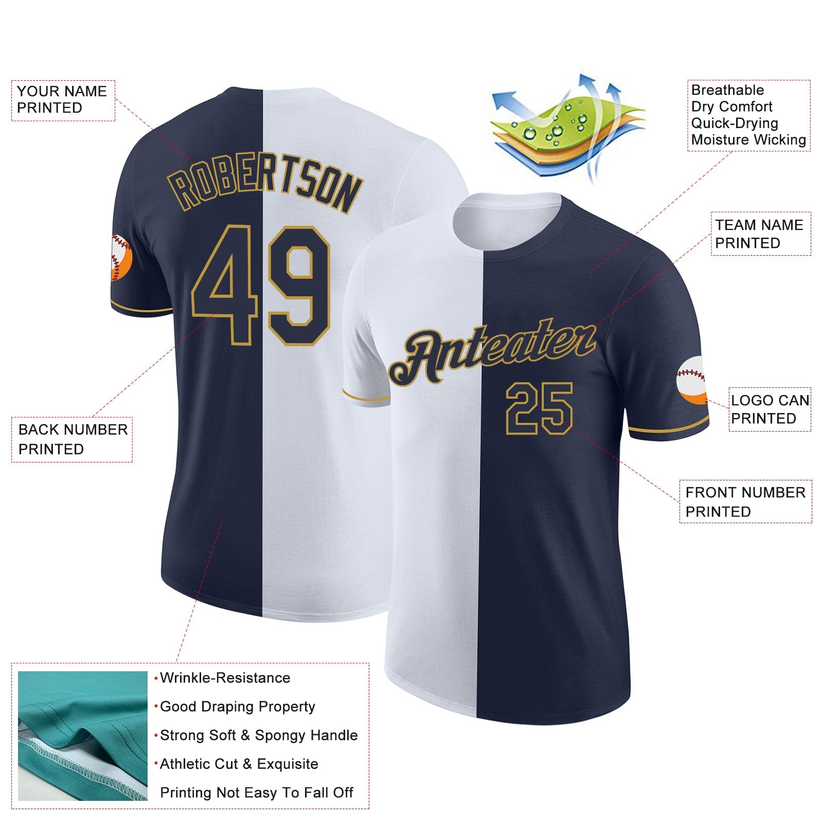 Custom Navy White-Old Gold Split Fashion Performance T-Shirt view 2
