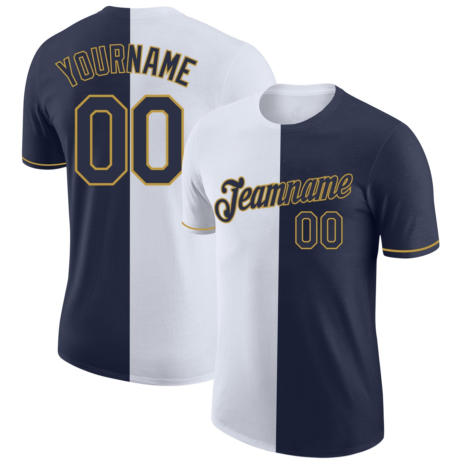 Custom Navy White-Old Gold Split Fashion Performance T-Shirt - Main View