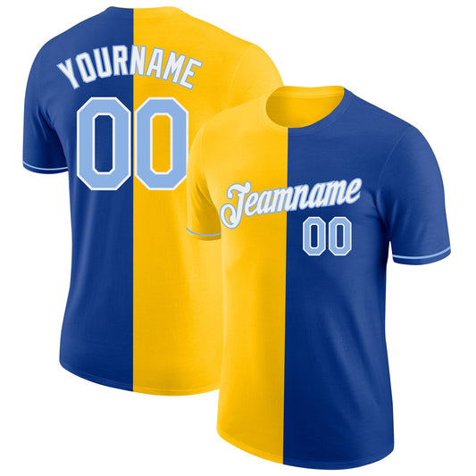 Custom Royal Light Blue-Yellow Split Fashion Performance T-Shirt - Main View