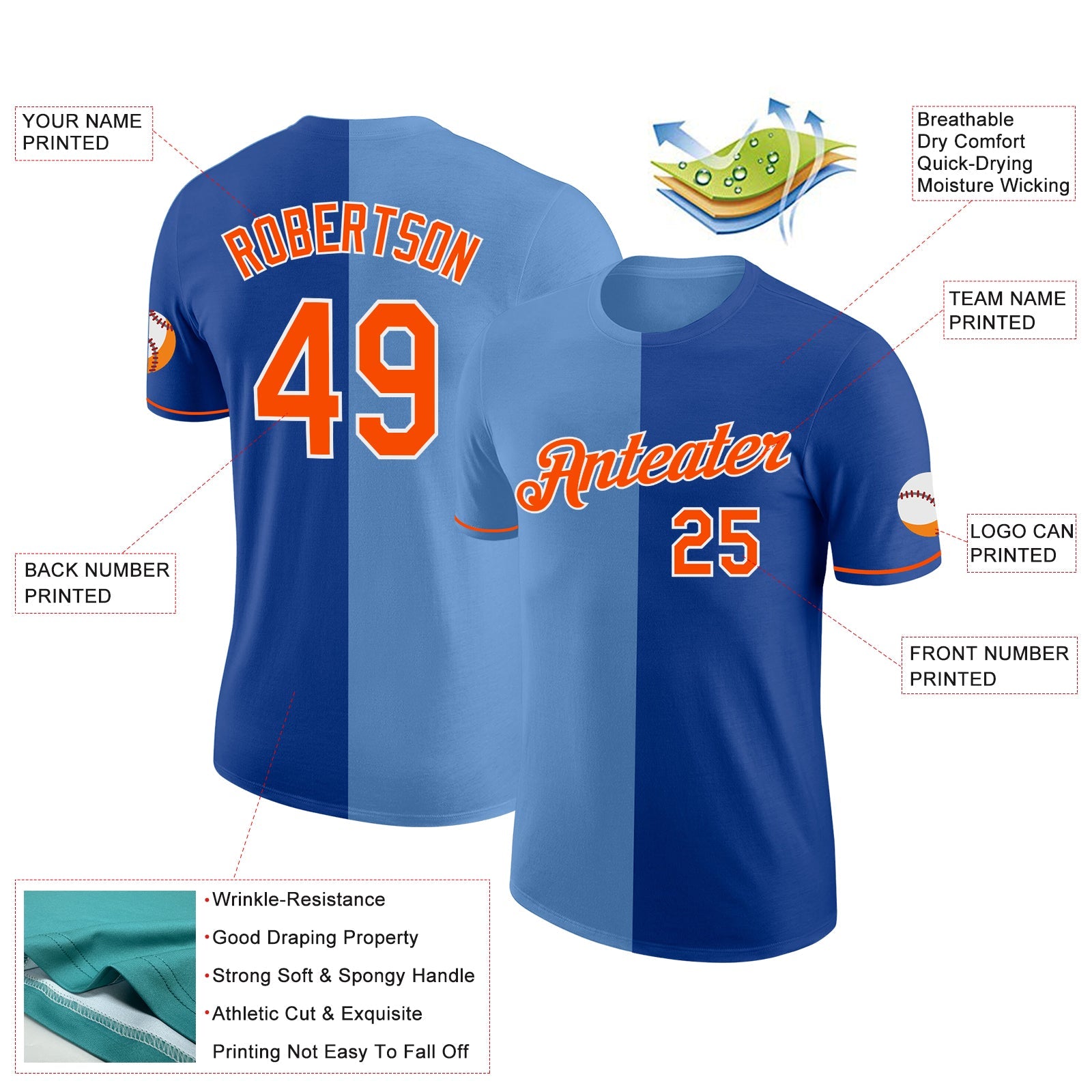 Custom Royal Orange-Light Blue Split Fashion Performance T-Shirt view 2