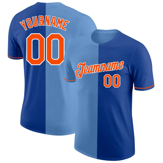 Custom Royal Orange-Light Blue Split Fashion Performance T-Shirt - Main View