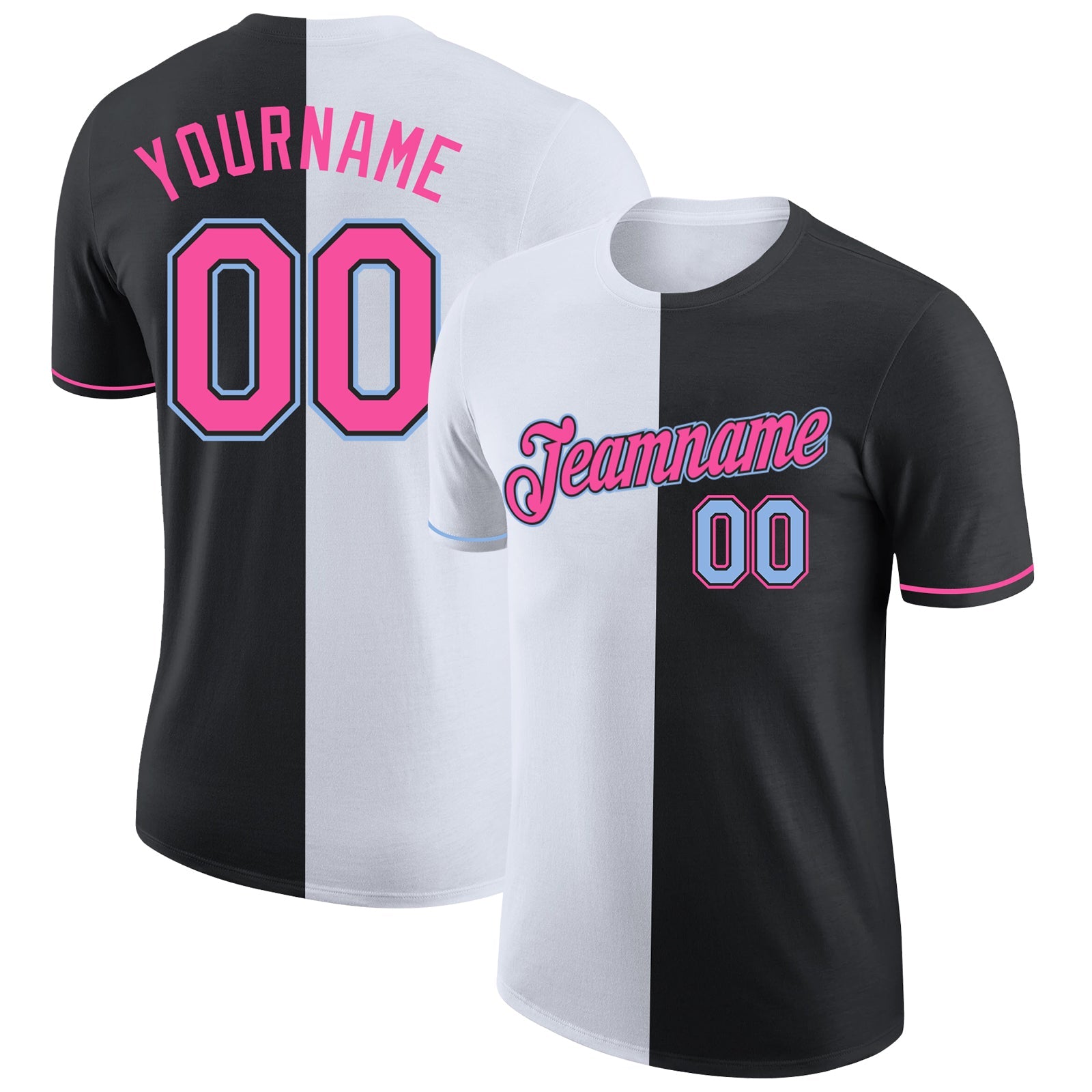 Custom Black Pink-Light Blue Split Fashion Performance T-Shirt - Main View